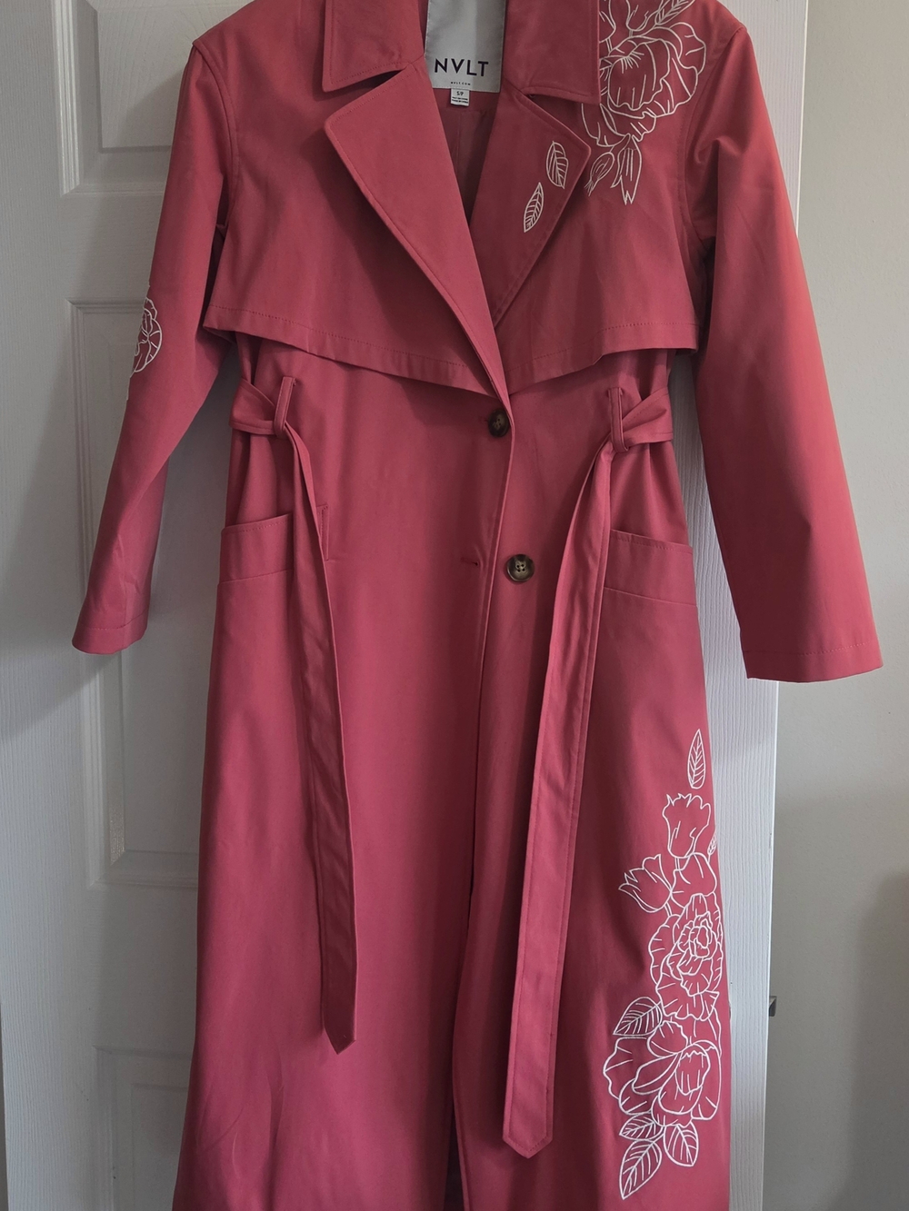 NVLT Bright Pink Floral Embroidered Belted Trench Coat - Size S/P